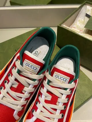 Gucci Screener Red Green Canvas Upper Double Navy Stripe Lifestyle Sneakers 8