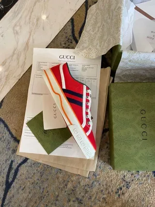 Gucci Screener Red Green Canvas Upper Double Navy Stripe Lifestyle Sneakers 9