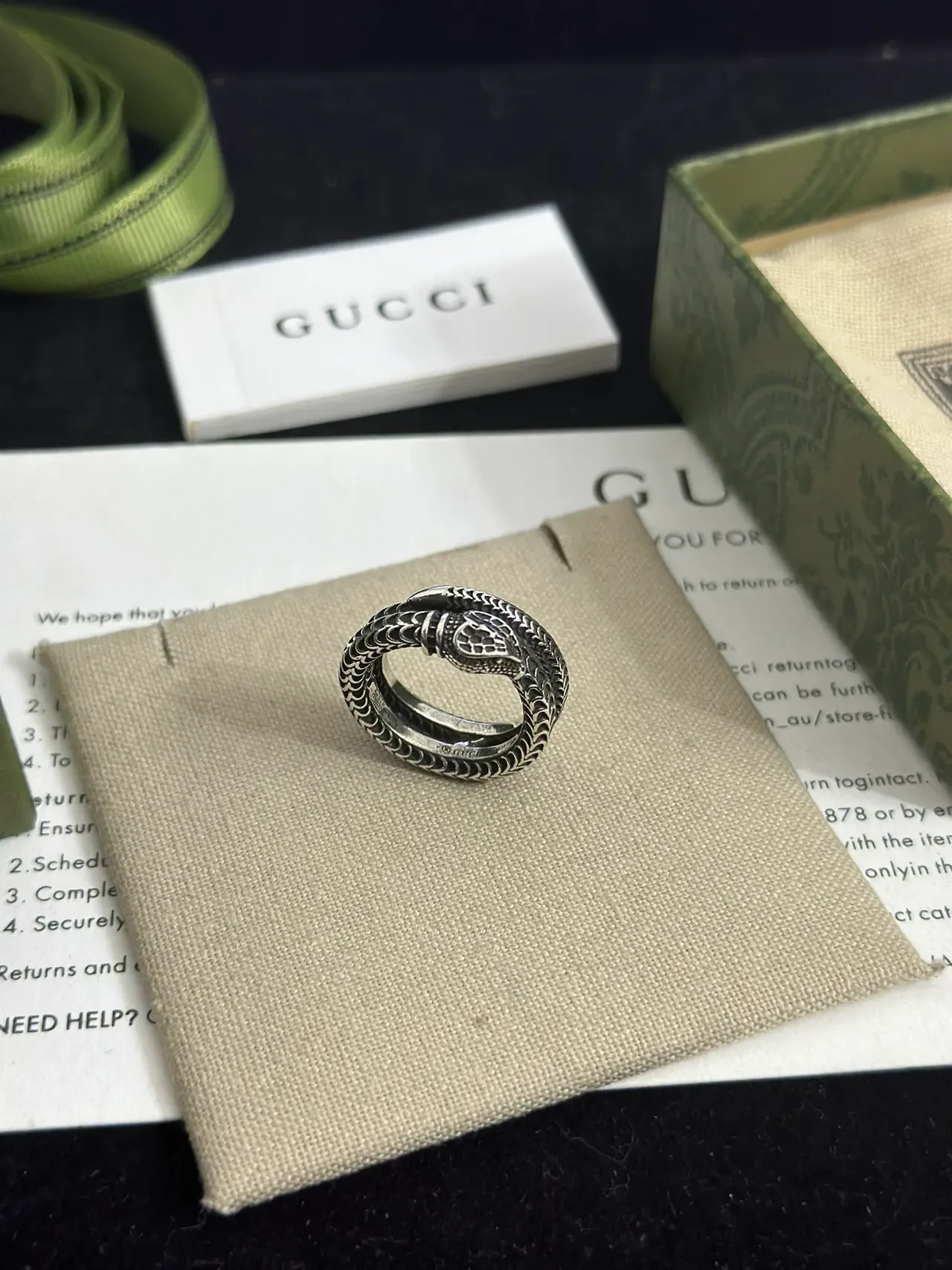 Gucci Serpent Silver Beige Coiled Textured Scale Pattern Ring 2