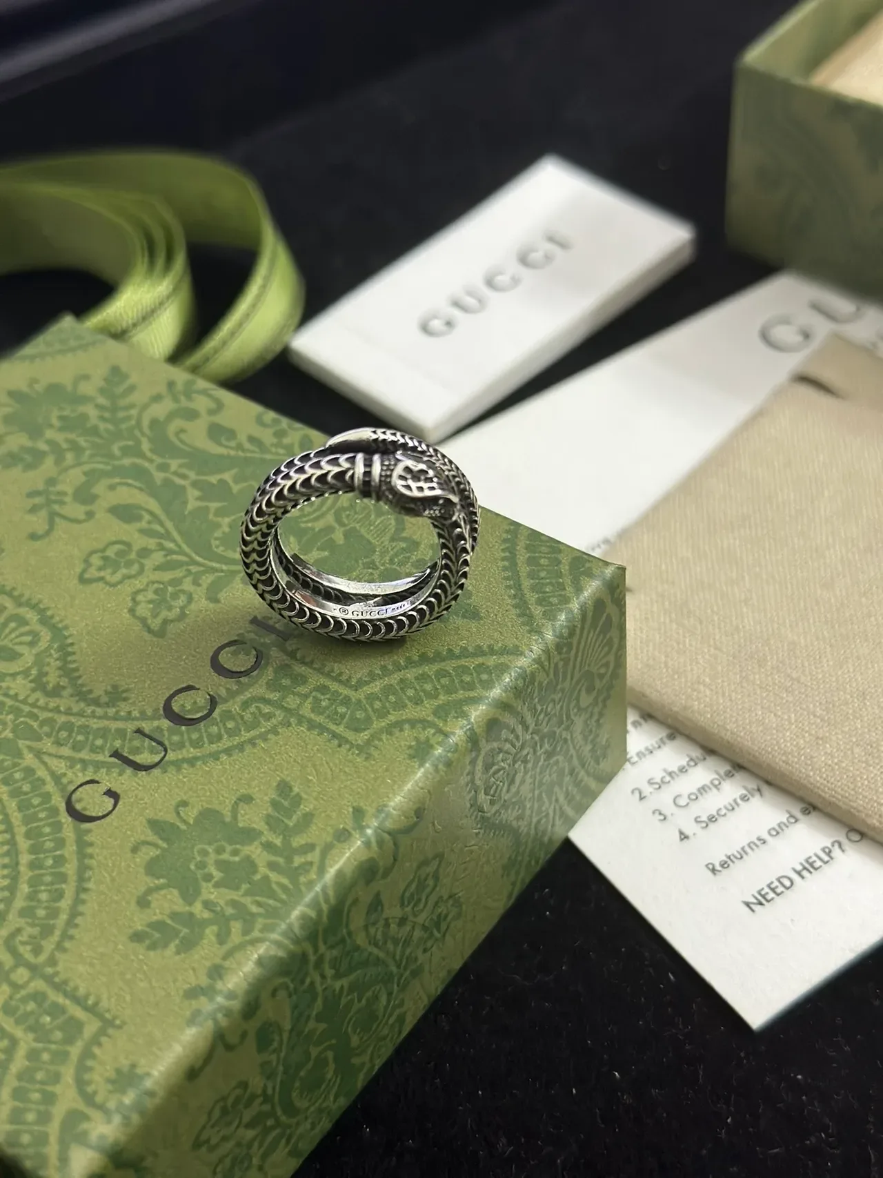 Gucci Serpent Silver Beige Coiled Textured Scale Pattern Ring 8
