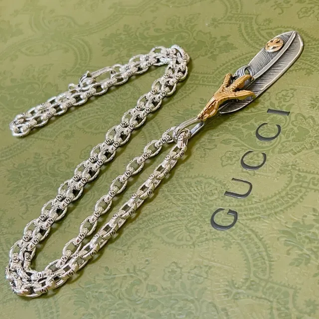 Gucci Silver and Gold Feather Pendant Necklace 6