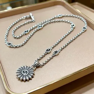 Gucci Silver Black Ball Chain Interlocking G Logo Beads Necklace