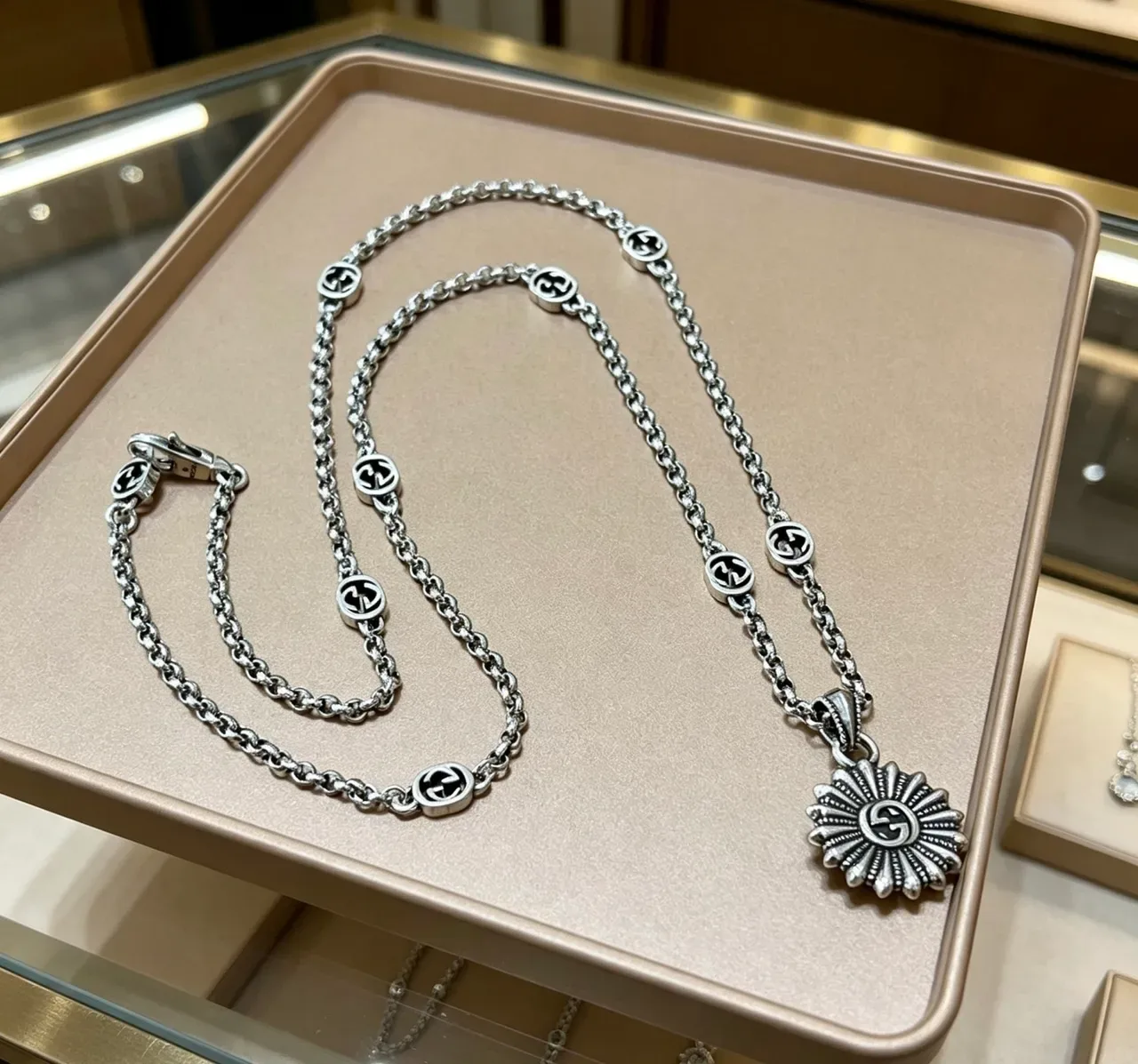 Gucci Silver Black Ball Chain Interlocking G Logo Beads Necklace 6