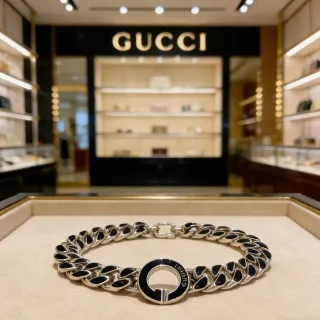 Gucci Silver Black Curb-Link Chain Enamel Inlays Bracelet
