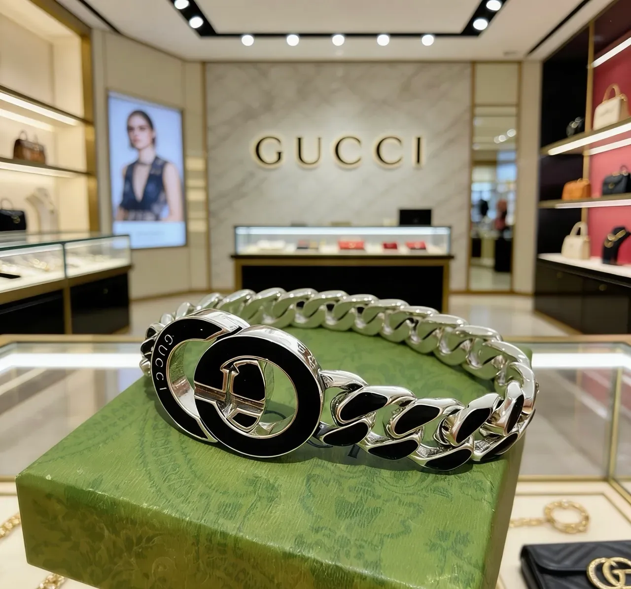 Gucci Silver Black Curb-Link Chain Enamel Inlays Bracelet 2