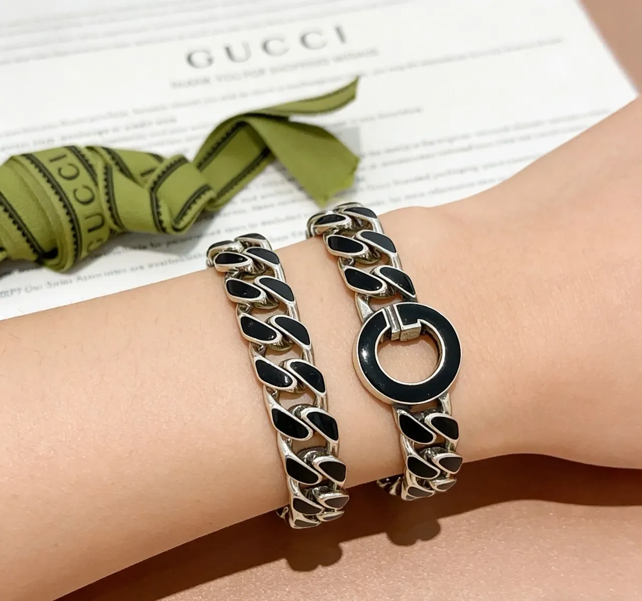 Gucci Silver Black Curb-Link Chain Enamel Inlays Bracelet 3