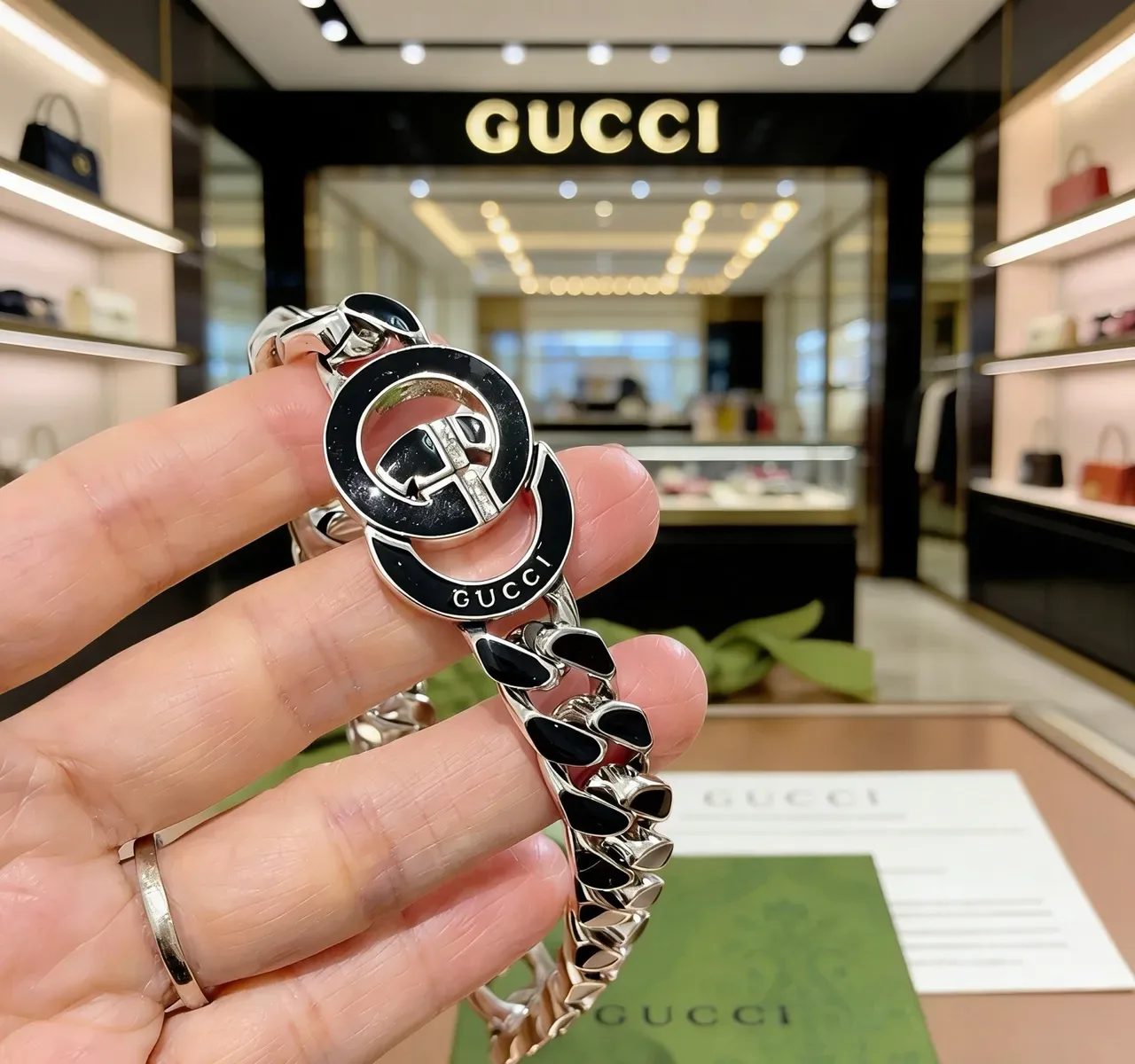 Gucci Silver Black Curb-Link Chain Enamel Inlays Bracelet 6