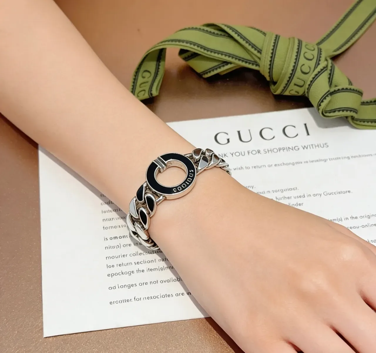 Gucci Silver Black Curb-Link Chain Enamel Inlays Bracelet 7