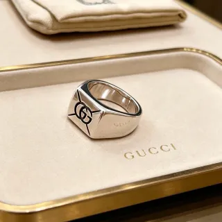 Gucci Silver Black Square Signet Polished Ring
