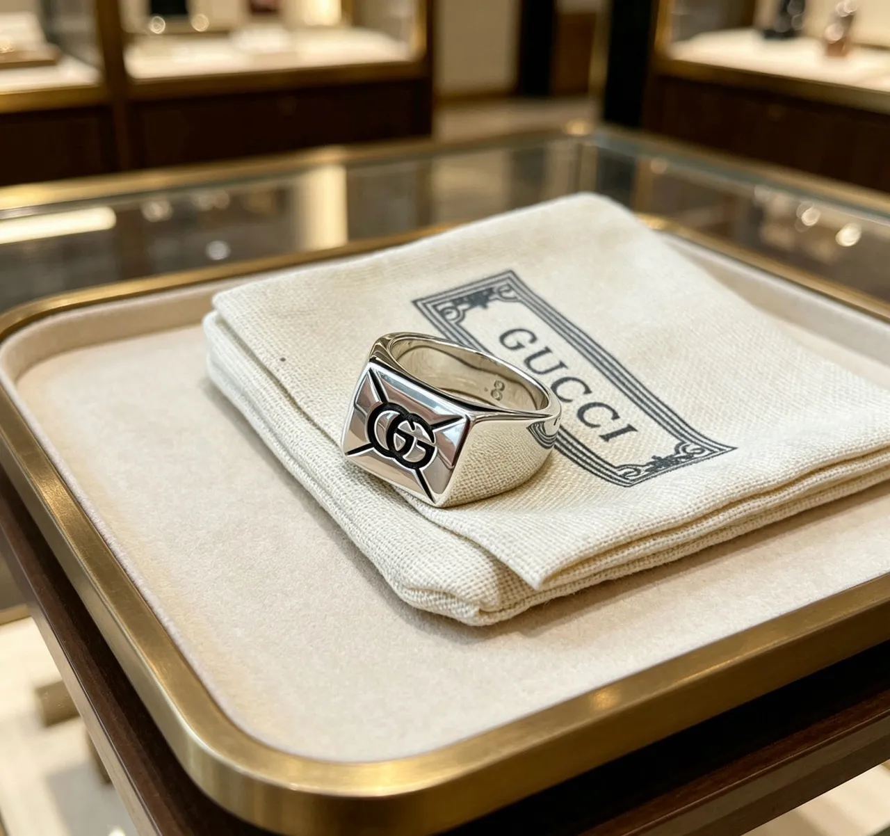 Gucci Silver Black Square Signet Polished Ring 7