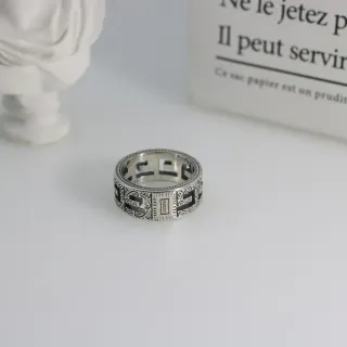 Gucci Silver Black Wide Band Engraved Greek Key Motif Ring