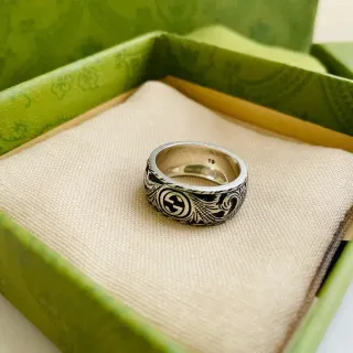 Gucci Silver Black Wide Band Interlocking G Logo Ring