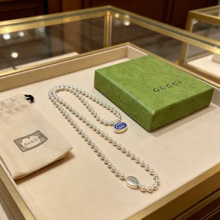 Gucci 银色蓝色球珠链双吊坠设计项链