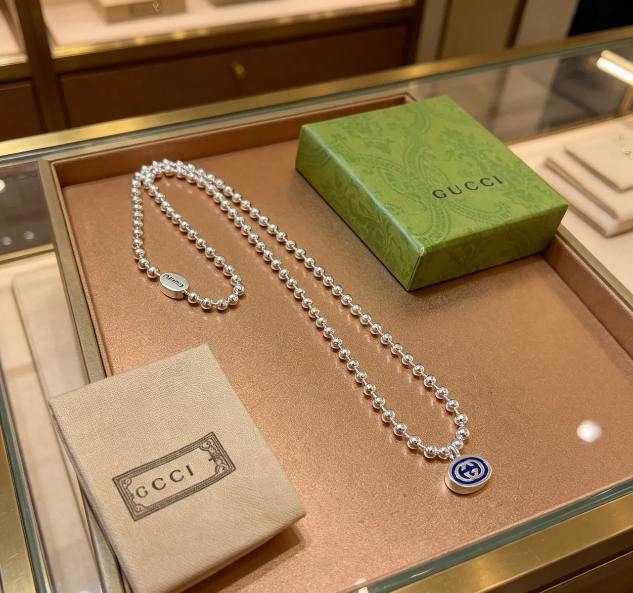 Gucci 银色蓝色球珠链双吊坠设计项链 3