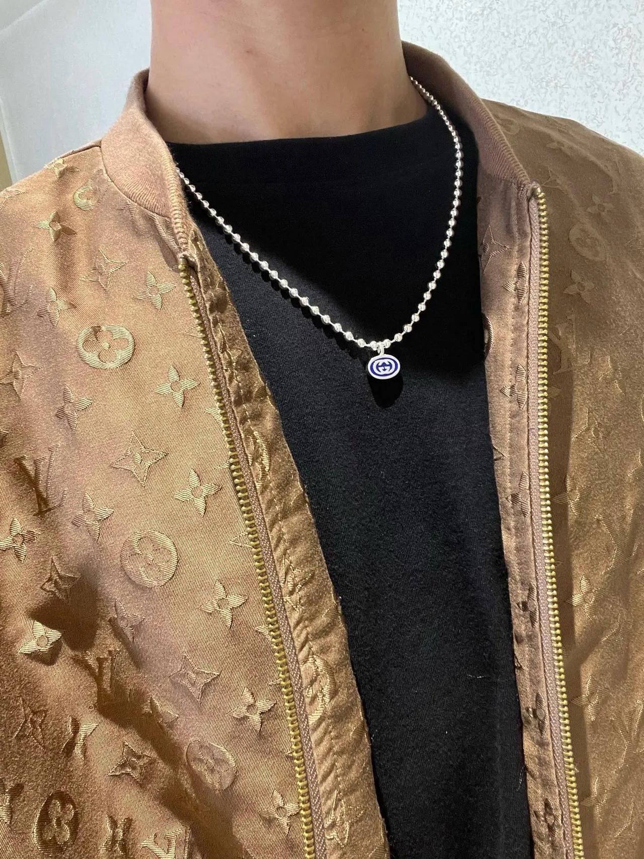 Gucci 银色蓝色球珠链双吊坠设计项链 4