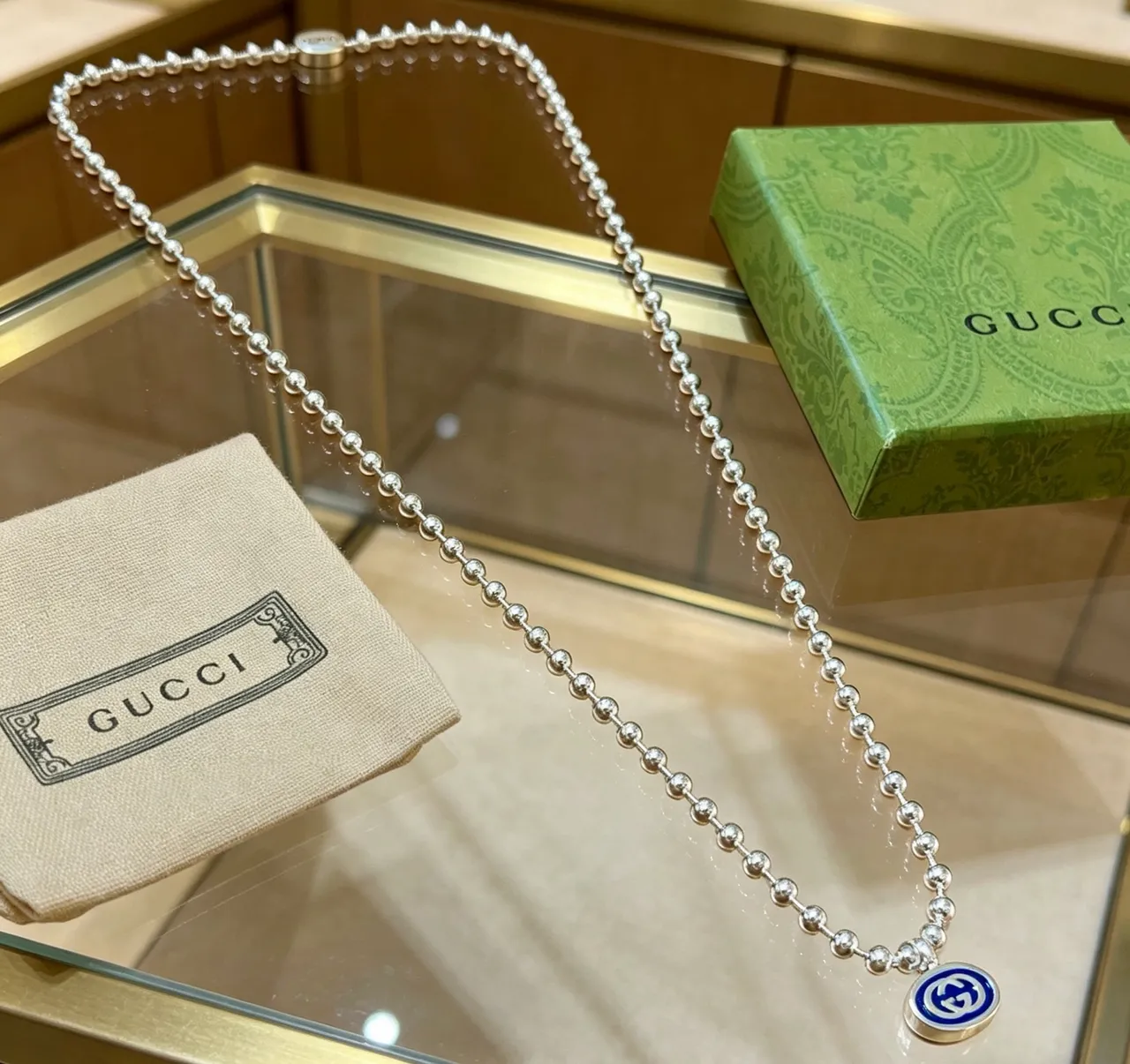Gucci 银色蓝色球珠链双吊坠设计项链 5