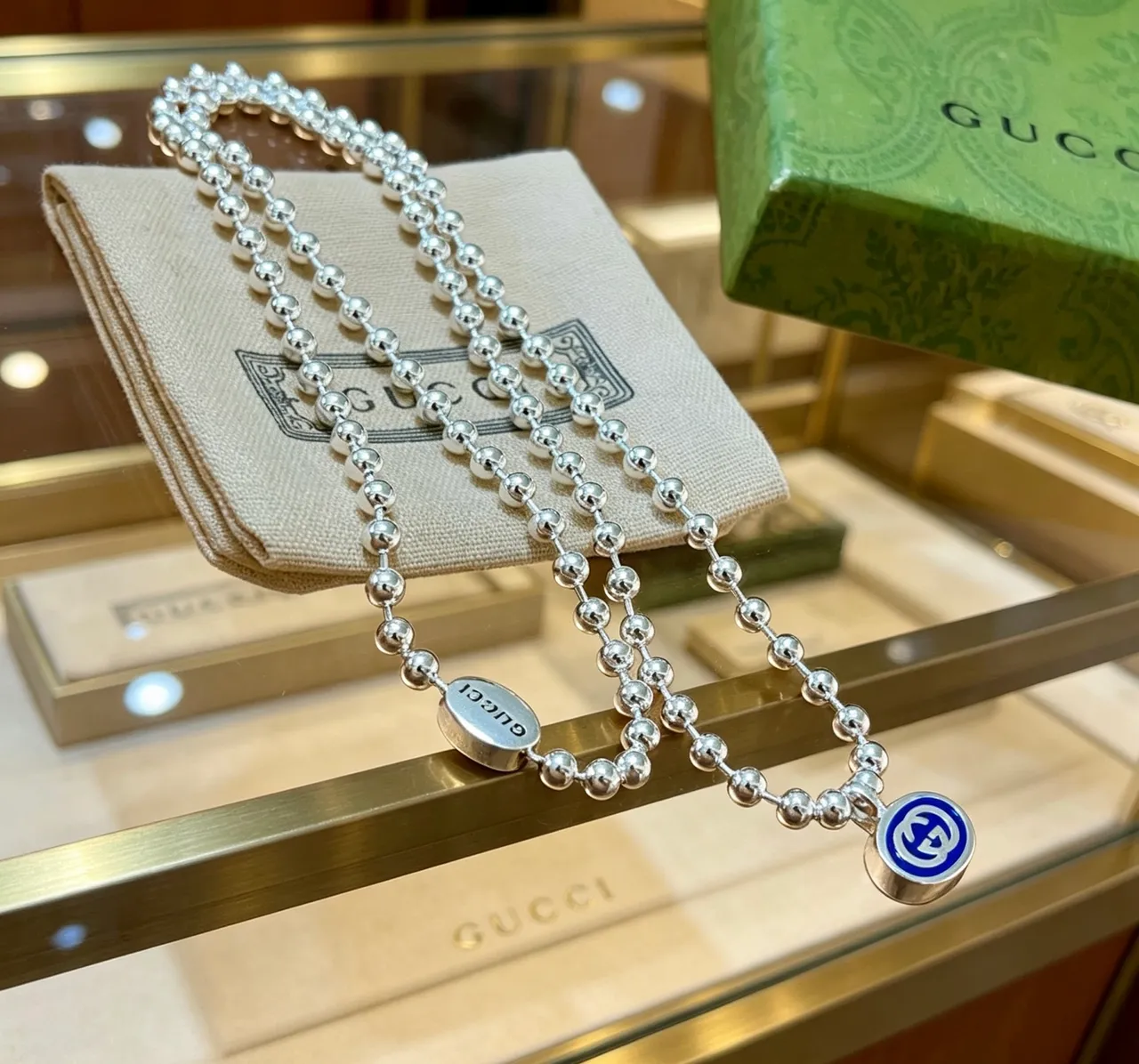 Gucci 银色蓝色球珠链双吊坠设计项链 6