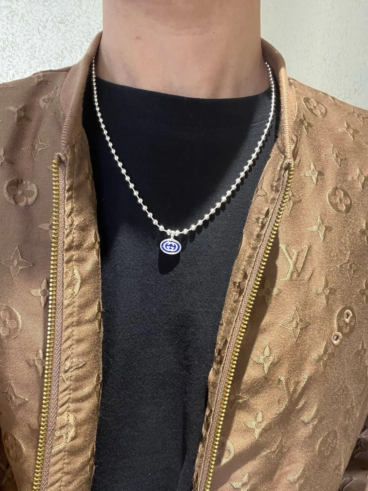Gucci 银色蓝色球珠链双吊坠设计项链 7