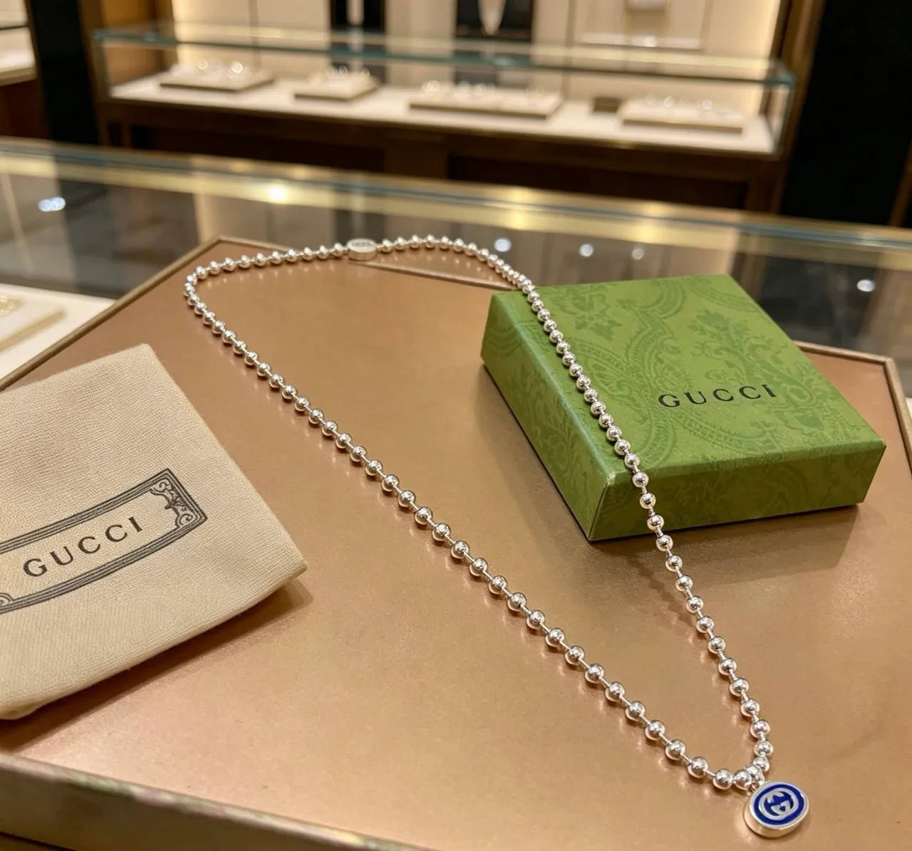 Gucci 银色蓝色球珠链双吊坠设计项链 9
