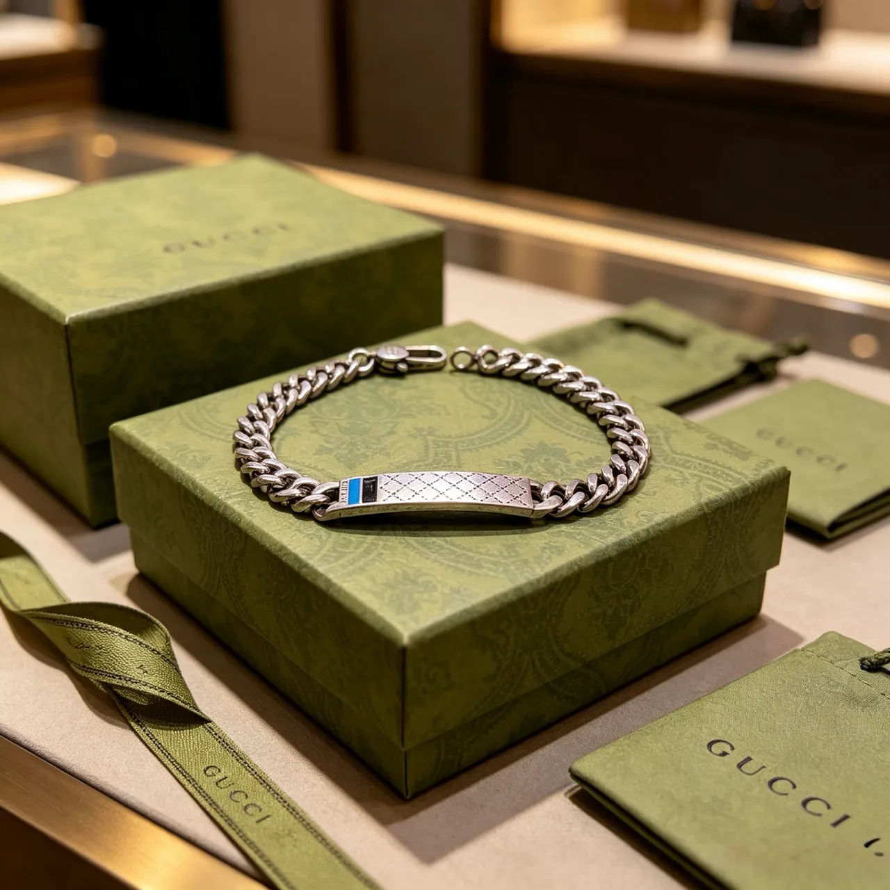 Gucci Silver Blue Curb-Link Chain Quilted Plaque Bracelet 2