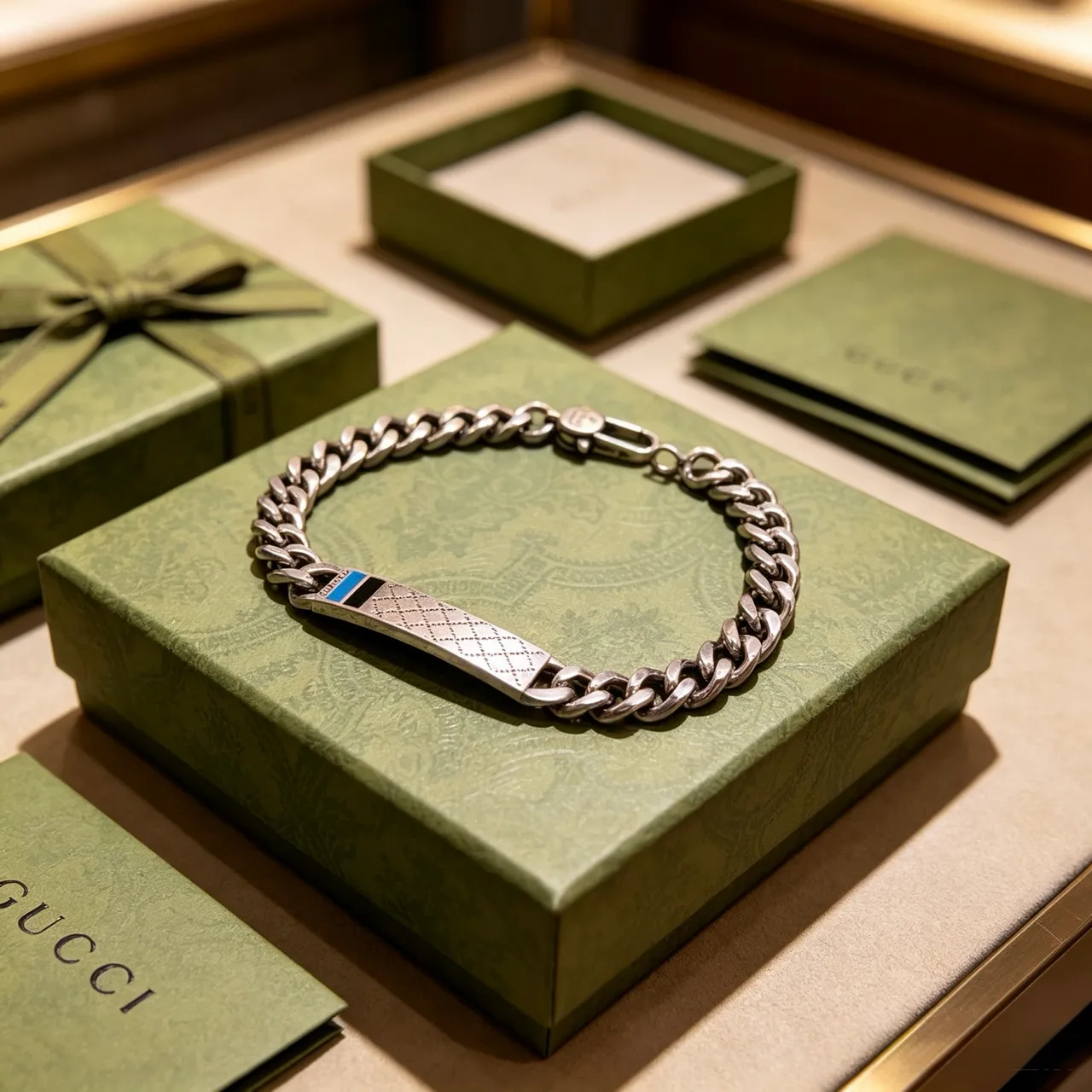 Gucci Silver Blue Curb-Link Chain Quilted Plaque Bracelet 6