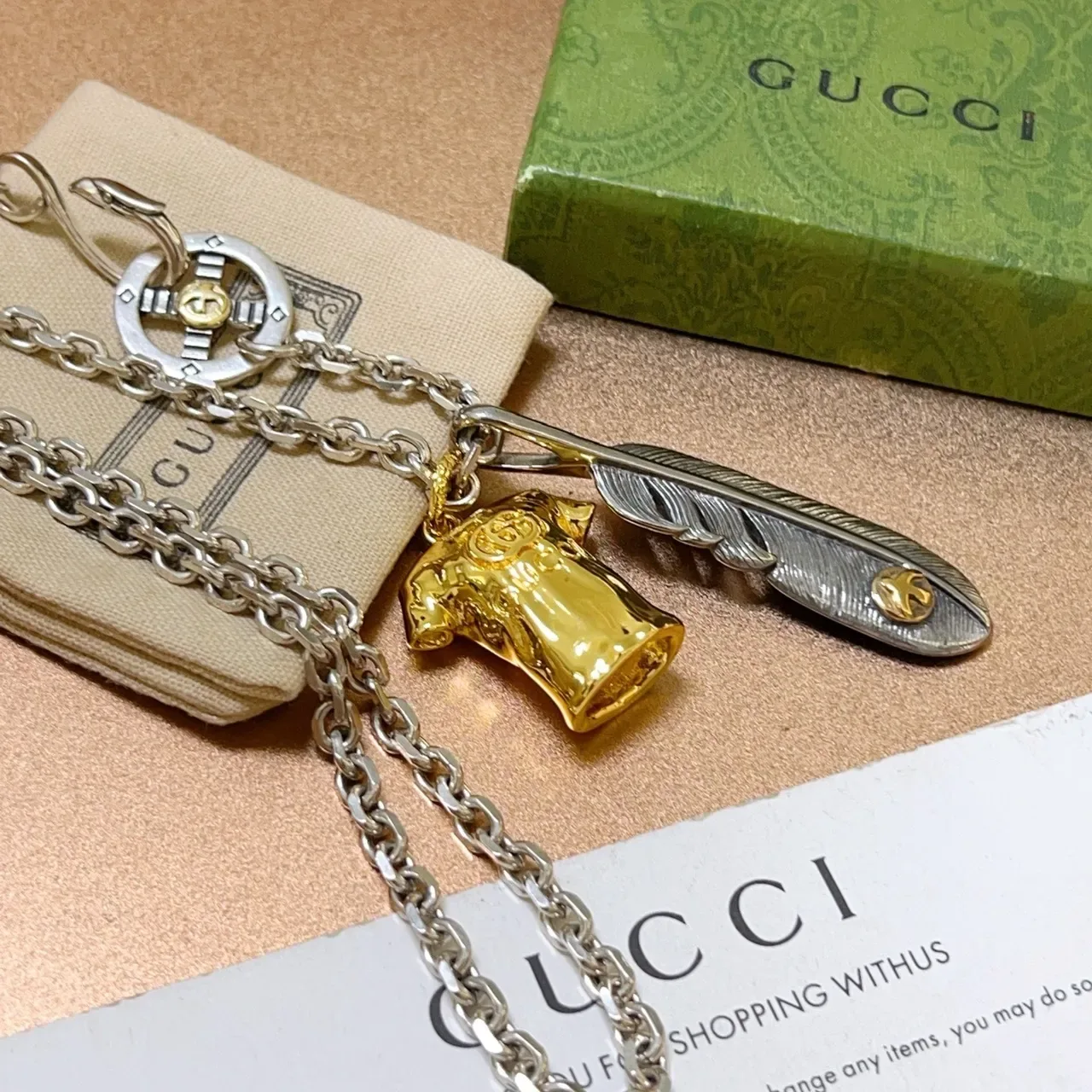 Gucci Silver Gold Chain Dual-Charm Pendant Necklace 3