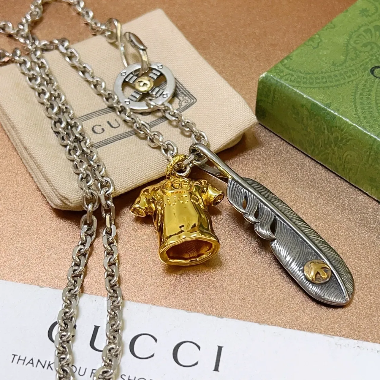 Gucci Silver Gold Chain Dual-Charm Pendant Necklace 7
