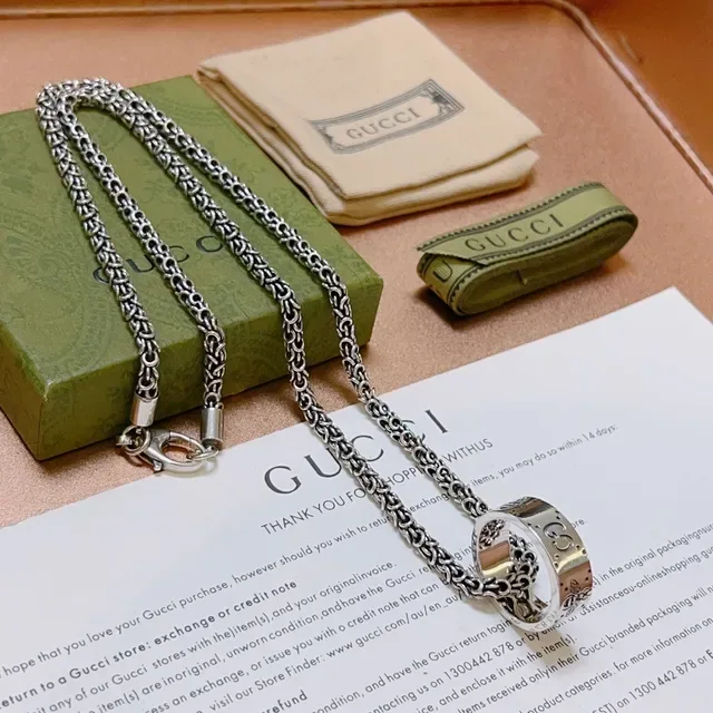 Gucci Silver Green Byzantine-Link Chain Interlocking G Motif Necklace 5