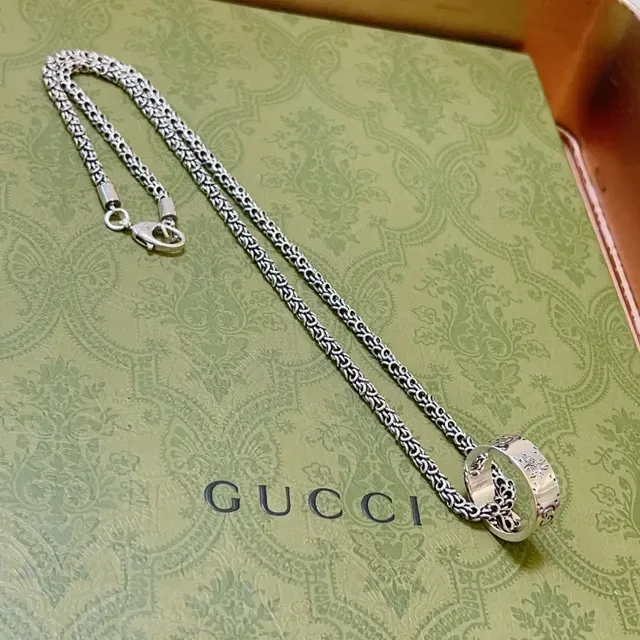 Gucci Silver Green Byzantine-Link Chain Interlocking G Motif Necklace 6