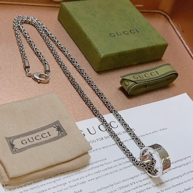 Gucci Silver Green Byzantine-Link Chain Interlocking G Motif Necklace 8