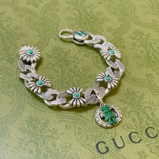 Gucci Pulsera Plata Verde Floral Daisy Enlaces Piedras Cabochon Turquesa