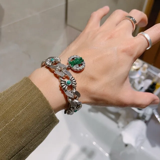 Gucci Silver Green Floral Daisy Links Turquoise Cabochon Stones Bracelet 3