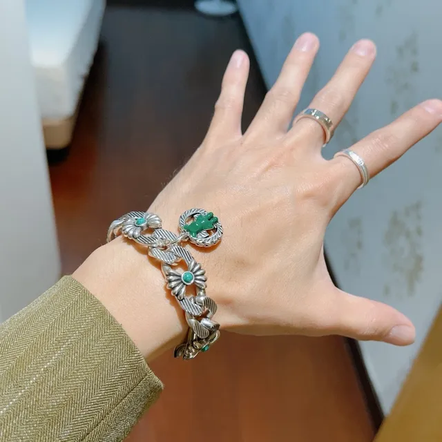 Gucci Silver Green Floral Daisy Links Turquoise Cabochon Stones Bracelet 5