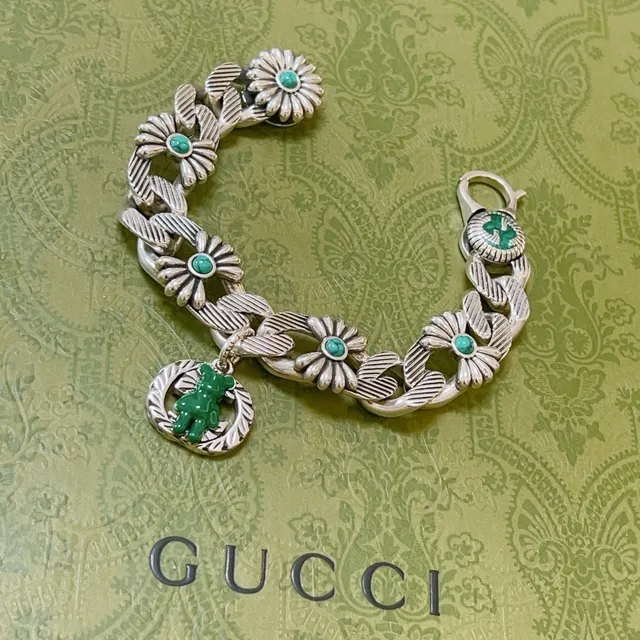 Gucci Silver Green Floral Daisy Links Turquoise Cabochon Stones Bracelet 7