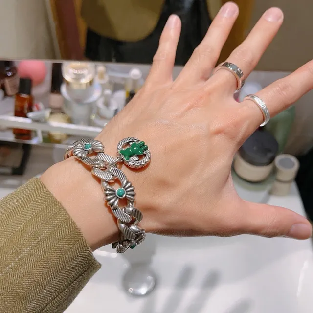 Gucci Silver Green Floral Daisy Links Turquoise Cabochon Stones Bracelet 8