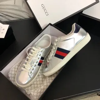 Gucci Silver Navy Metallic Leather Web Stripe Detail Lifestyle Sneakers