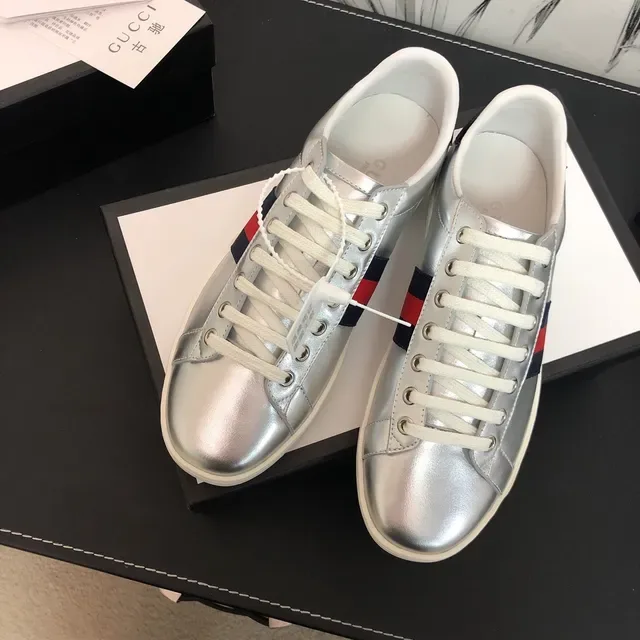 Gucci Silver Navy Metallic Leather Web Stripe Detail Lifestyle Sneakers 2