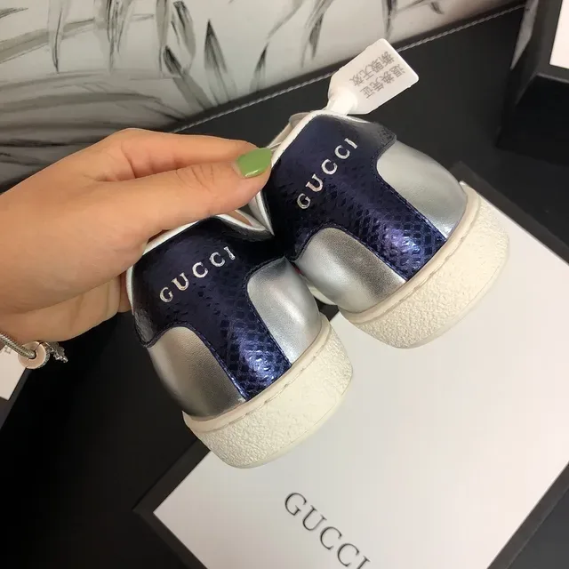 Gucci Silver Navy Metallic Leather Web Stripe Detail Lifestyle Sneakers 4