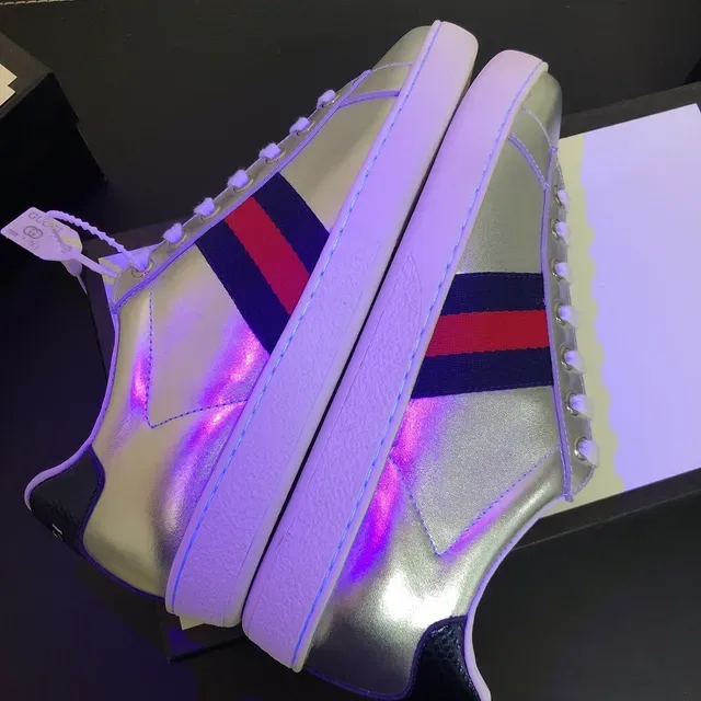 Gucci Silver Navy Metallic Leather Web Stripe Detail Lifestyle Sneakers 5