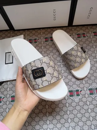 Gucci Slide Beige GG Monogram White Sole Slippers 8