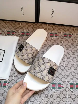 Gucci Slide Beige GG Monogram White Sole Slippers 9