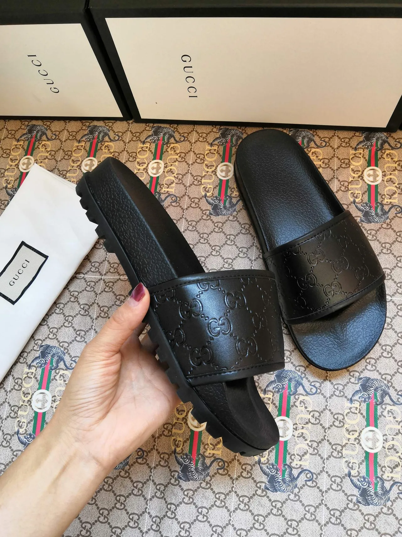 Gucci Slide Black Embossed GG Monogram Slippers 4
