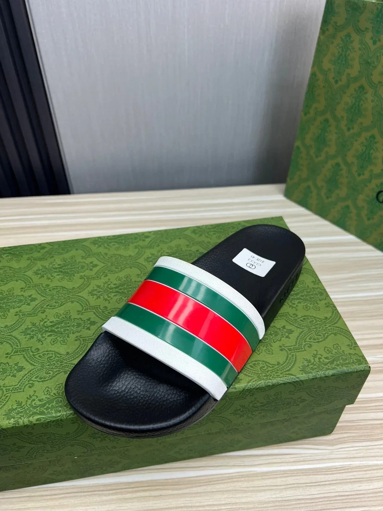 Gucci Slide Black Multicolor Leather Sole Web Stripe Strap Slippers 1