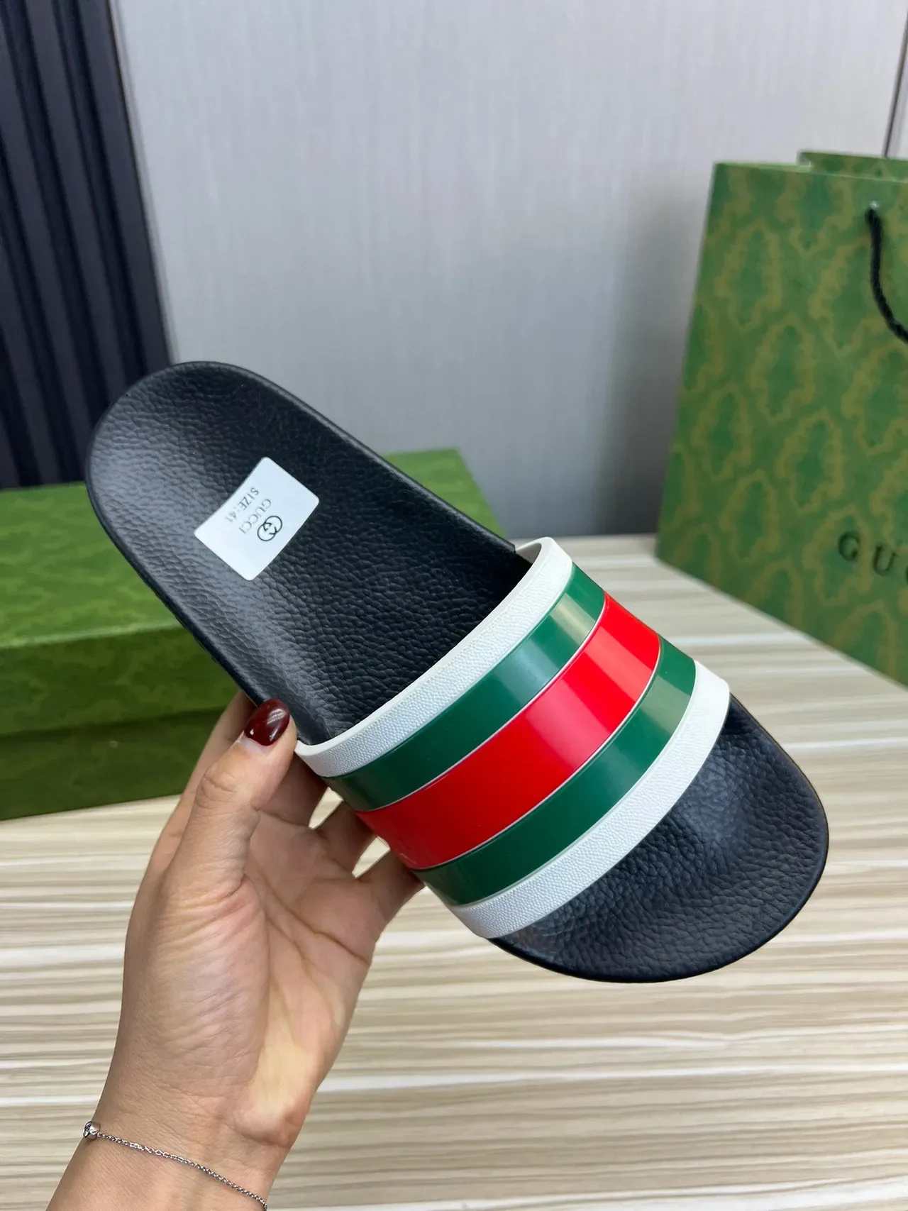 Gucci Slide Black Multicolor Leather Sole Web Stripe Strap Slippers 4