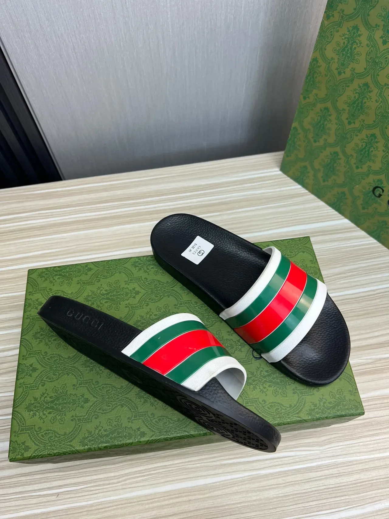 Gucci Slide Black Multicolor Leather Sole Web Stripe Strap Slippers 5