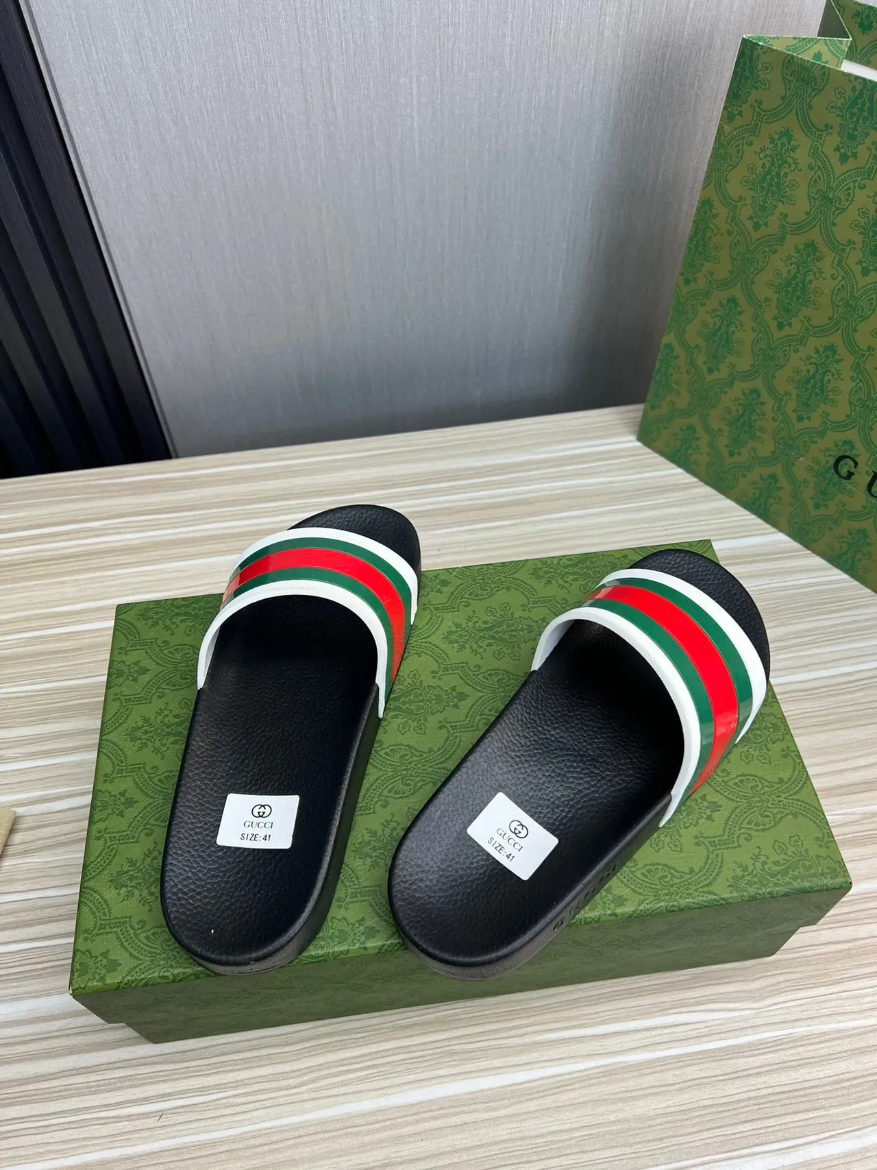 Gucci Slide Black Multicolor Leather Sole Web Stripe Strap Slippers 6