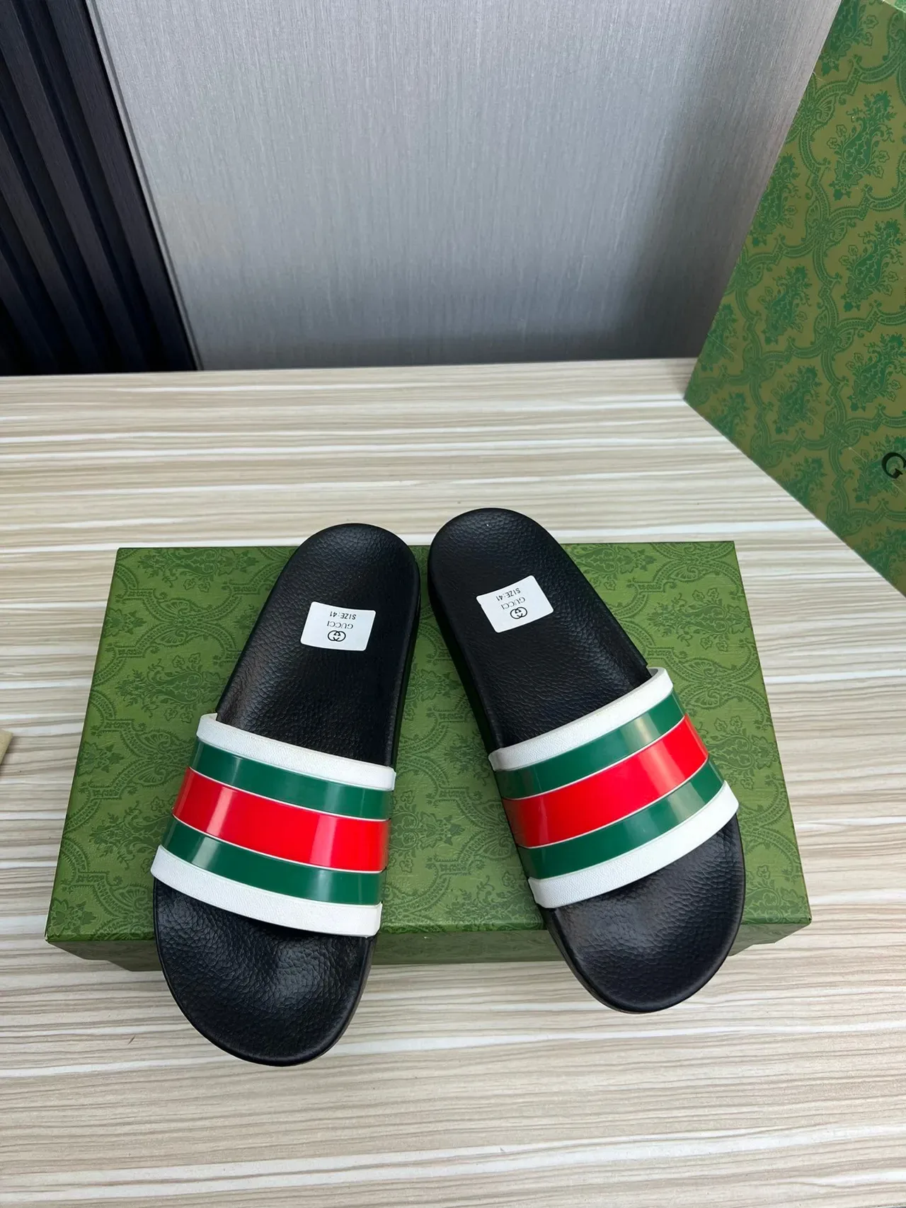 Gucci Slide Black Multicolor Leather Sole Web Stripe Strap Slippers 9