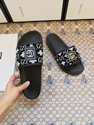 Gucci Slide Black Multicolor Molded Sole Wide Printed Strap Slippers 2