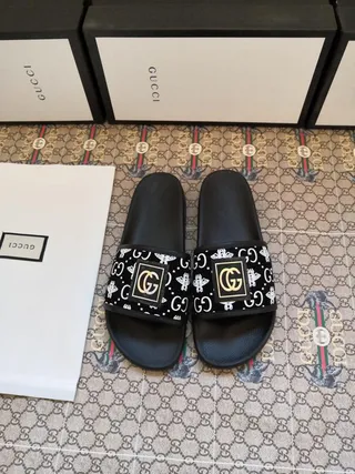 Gucci Slide Black Multicolor Molded Sole Wide Printed Strap Slippers 3