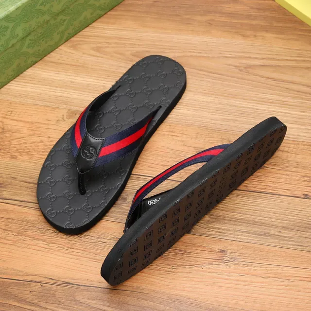 Gucci Slide Black Red GG Monogram Sole Web Stripe Strap Slippers 2